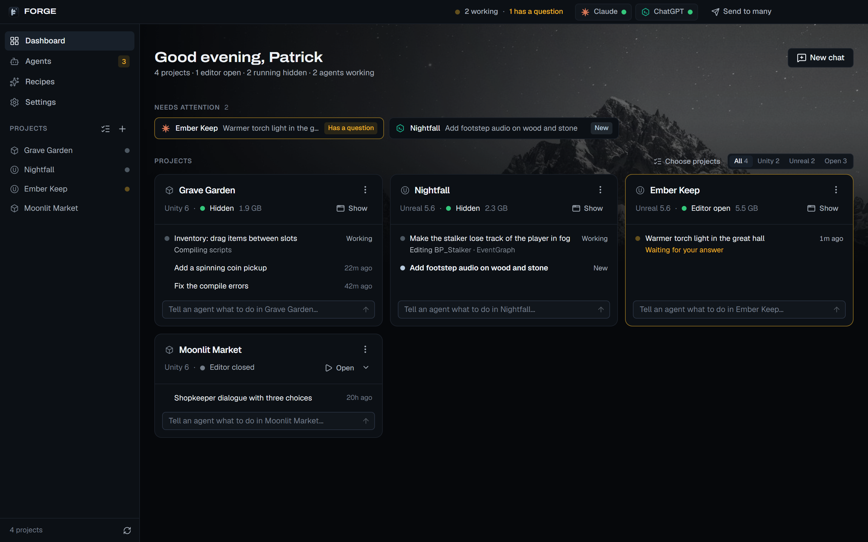 The Forge dashboard: four game projects with editors, working agents and a question waiting (demo data)