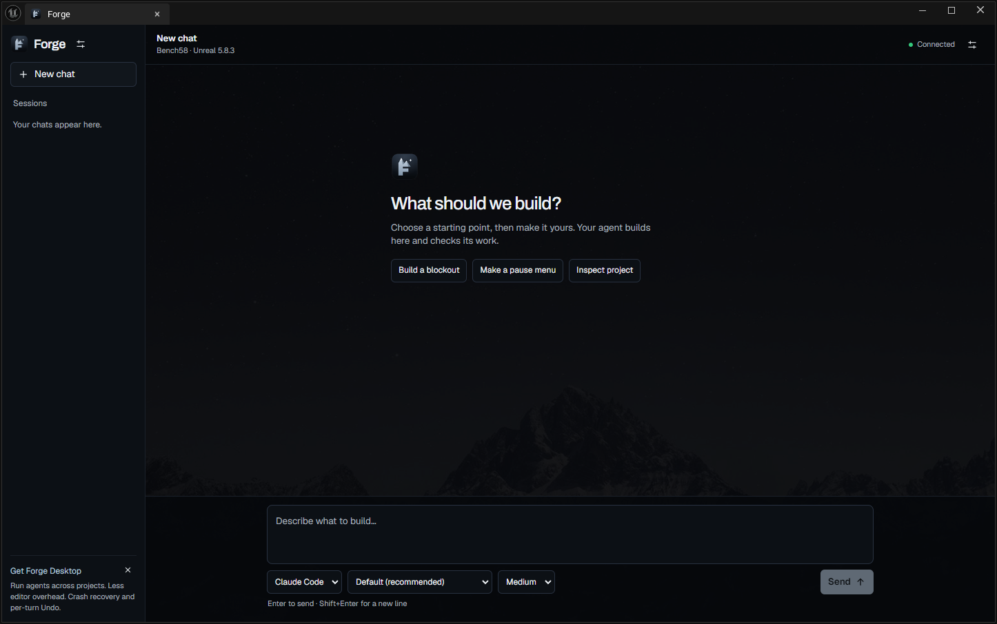 Forge running in a native Unreal Engine tab, with saved sessions, a chat composer, and agent, model and effort controls