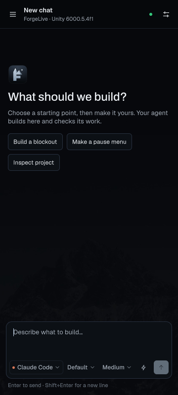 The Forge chat panel docked narrow in Unity, with example prompts and Claude Code, model and effort pickers