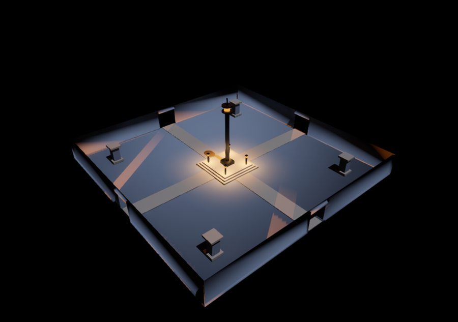 A courtyard blockout with perimeter walls, four gates and a lit central plinth