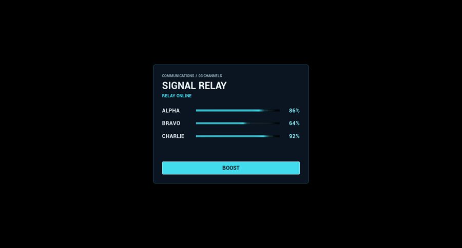A Signal Relay UMG panel with three channel bars and a Boost button, shown in play